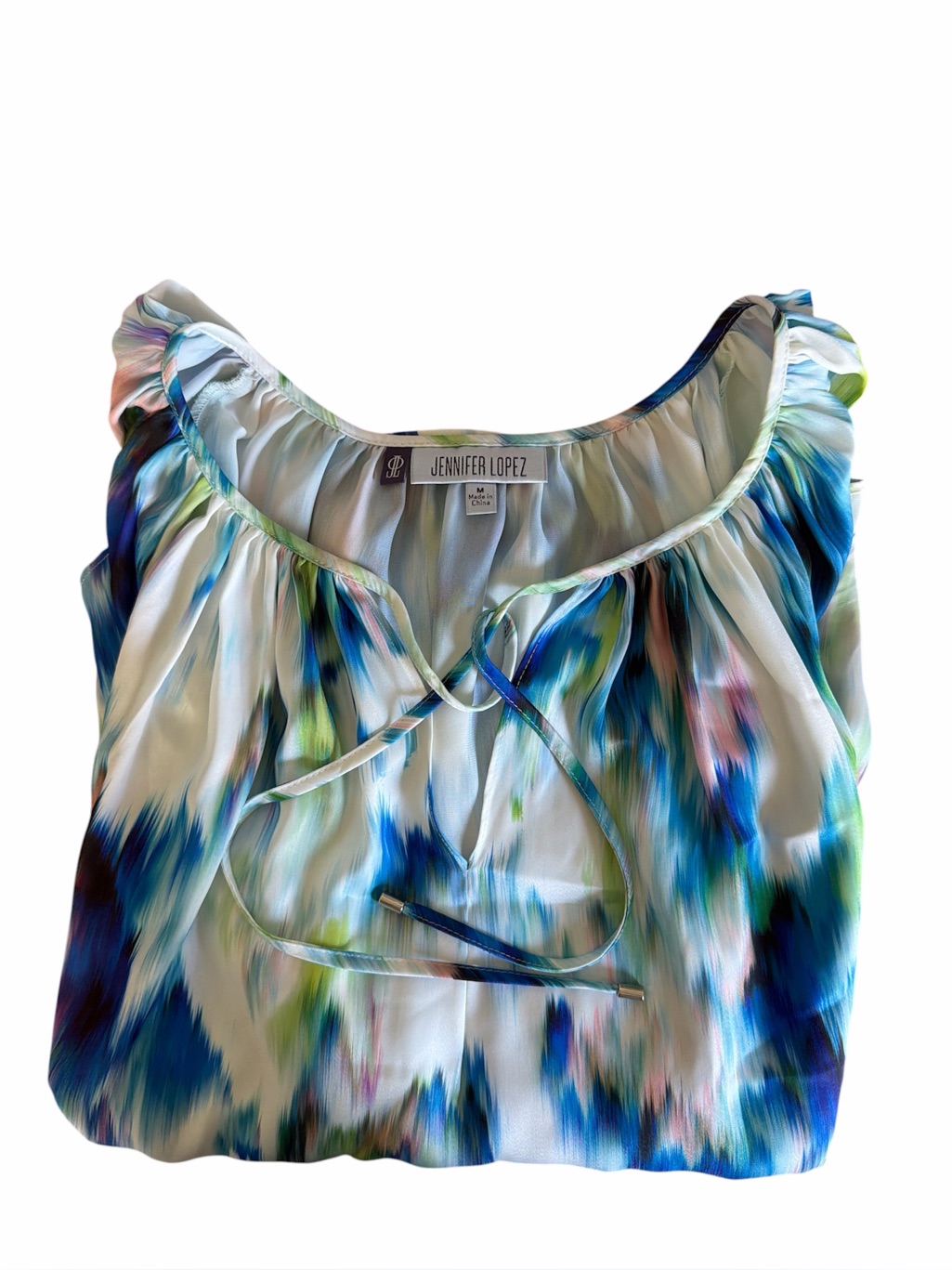 Jennifer Lopez Women’s M Abstract Watercolor Chiffon Tie Keyhole Peasant Blouse — image 5 of 8